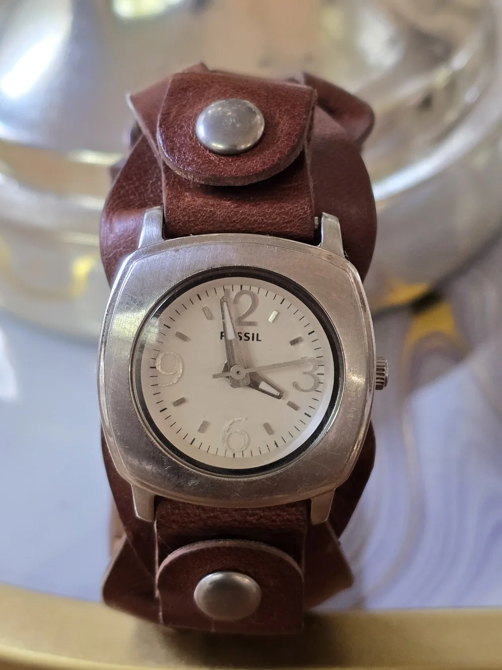 Fossil Brown Leather Cuff Watch with Silver Case and White Dial